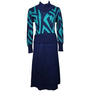 Vintage 80s Vivanti Geometric Knit Sweater Dress Blue Teal Turtleneck M 10‎